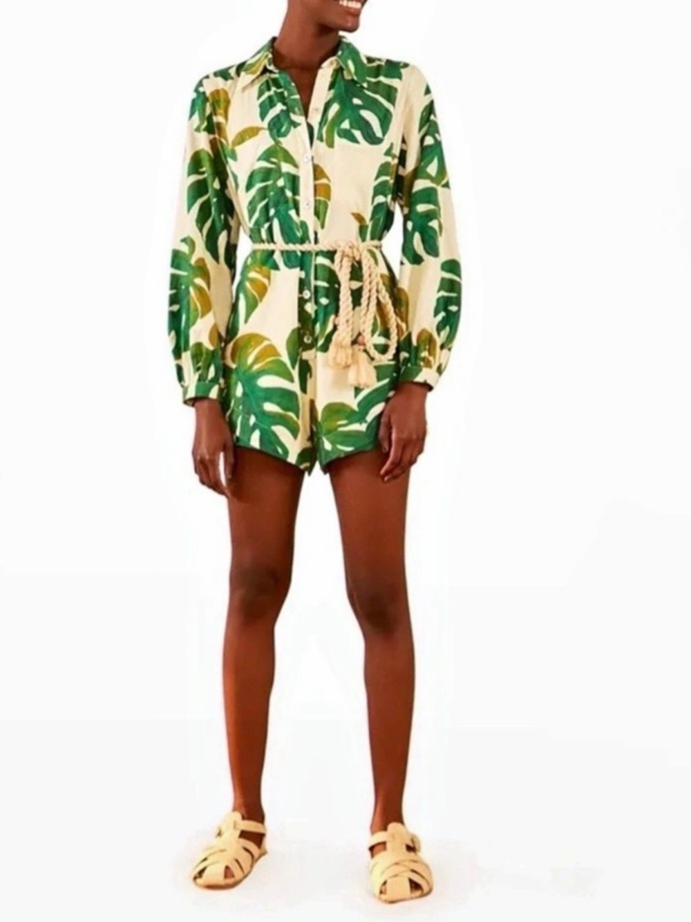 FARM Rio White Monstera Belted Button-Front Romper Green & White Large